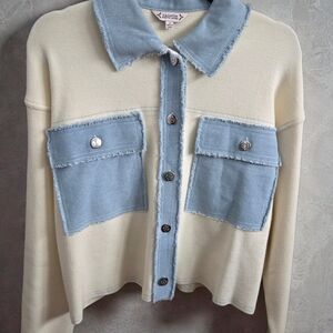 Nanette Lepore Cropped Sweatshirt Shacket Denim Trim M